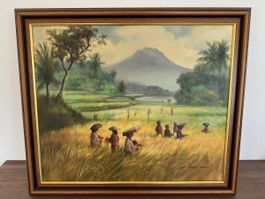 Handgemaltes Ölgemälde aus Bali (1994) – Reisernte – 69 × 60