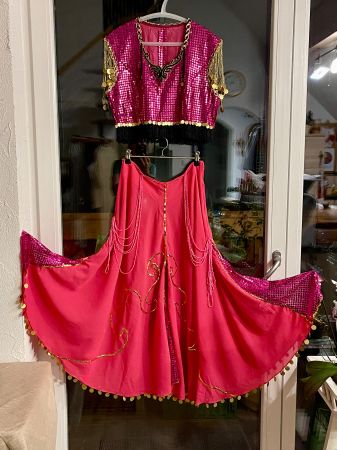 Bauchtanz Kostüm, zweiteilig, Pink mit Gold, Grösse M