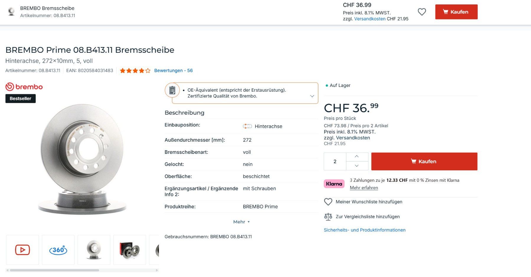 Brembo Tutti pezzi di ricambio auto: BREMBO Bremsscheibe Prime 08.B413.11 – Nuovo (secondo la descrizione) da Vinelz venduto da Lewis001 5