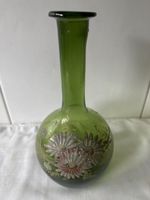 Grüne Blumenvase, Vintage Glasvase mit Blumenmuster.