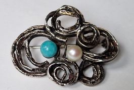 Vintage Silberbrosche 800 mit Perlen und Türkis Schmuck