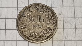 1/2 Franc Suisse 1899, Argent, Bel état, Rare! Pièce🪙