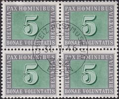1945, Nr.262 (Pax-Viererblock) von BERN, Letzttags-Stempel.