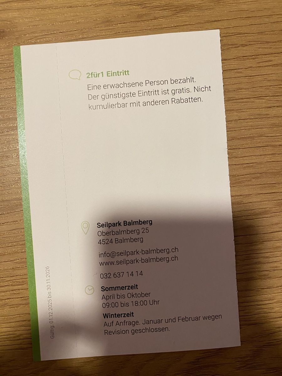 Gutscheine: 2:1 Gutschein Eintritt Seilpark Balmberg – Neu (gemäss Beschreibung) aus Liestal von Knight87 1