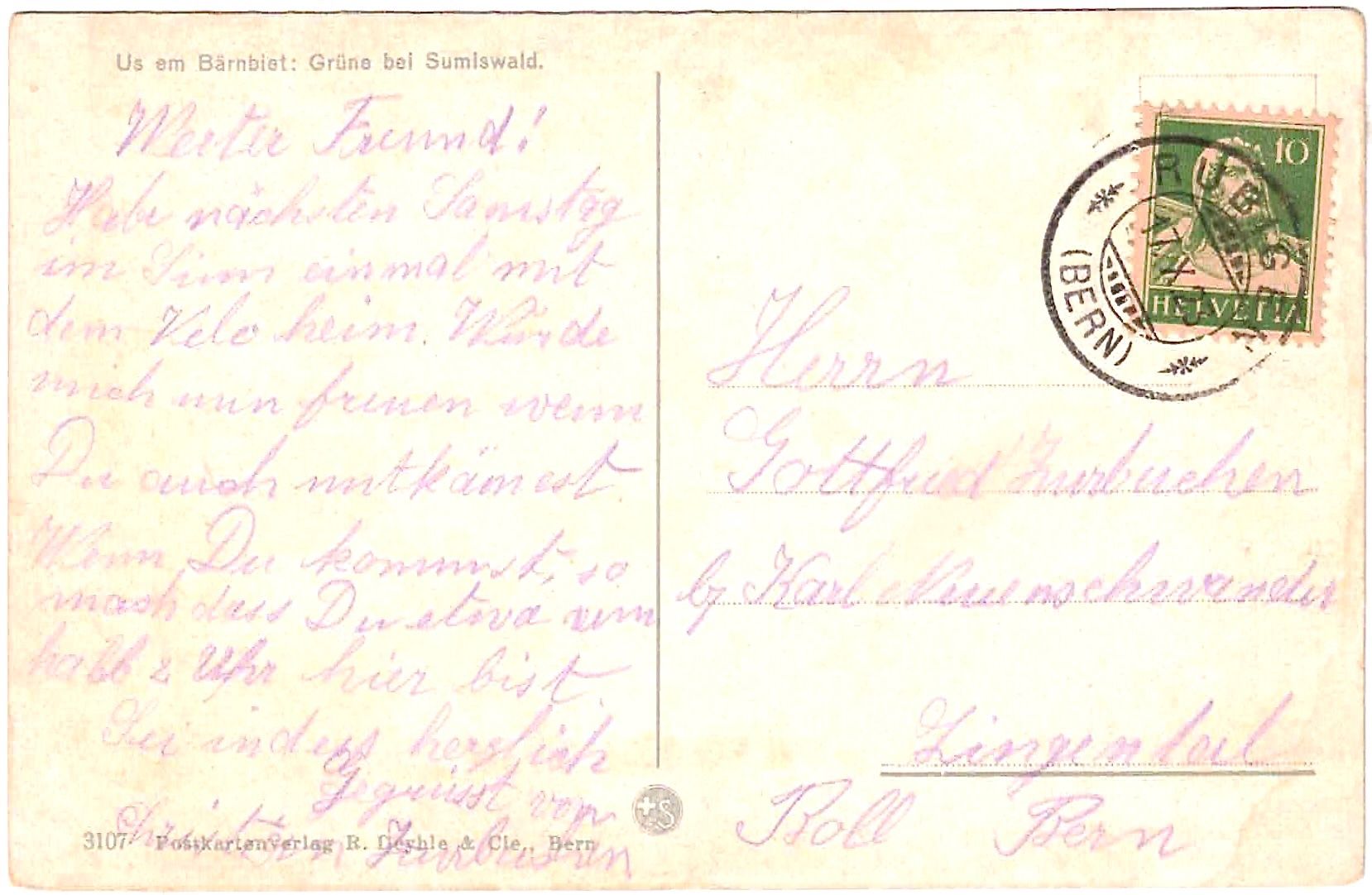 Ansichtskarten: SUMISWALD - Flüsschen im Emmental us em Bärnbiet ca. 1920 BE – Gebraucht aus Oberdorf BL von Hopfehuepfer 1