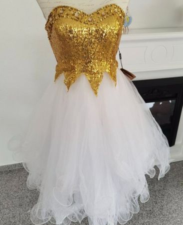 Abendkleid Gold Weiss Pailletten Tüll NEU