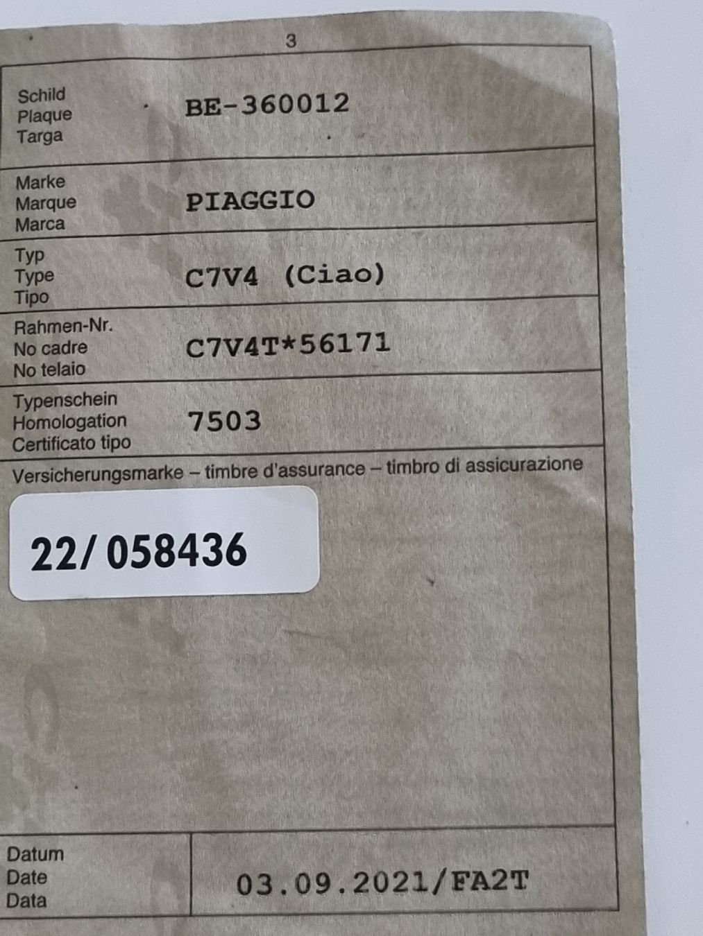 Piaggio Ciclomotori: PIAGGIO CIAO – Usato da Lengnau BE venduto da Aj099