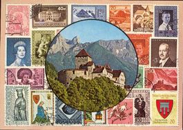 Vaduz  FL  -  Schloss mit Briefmarken vom FL