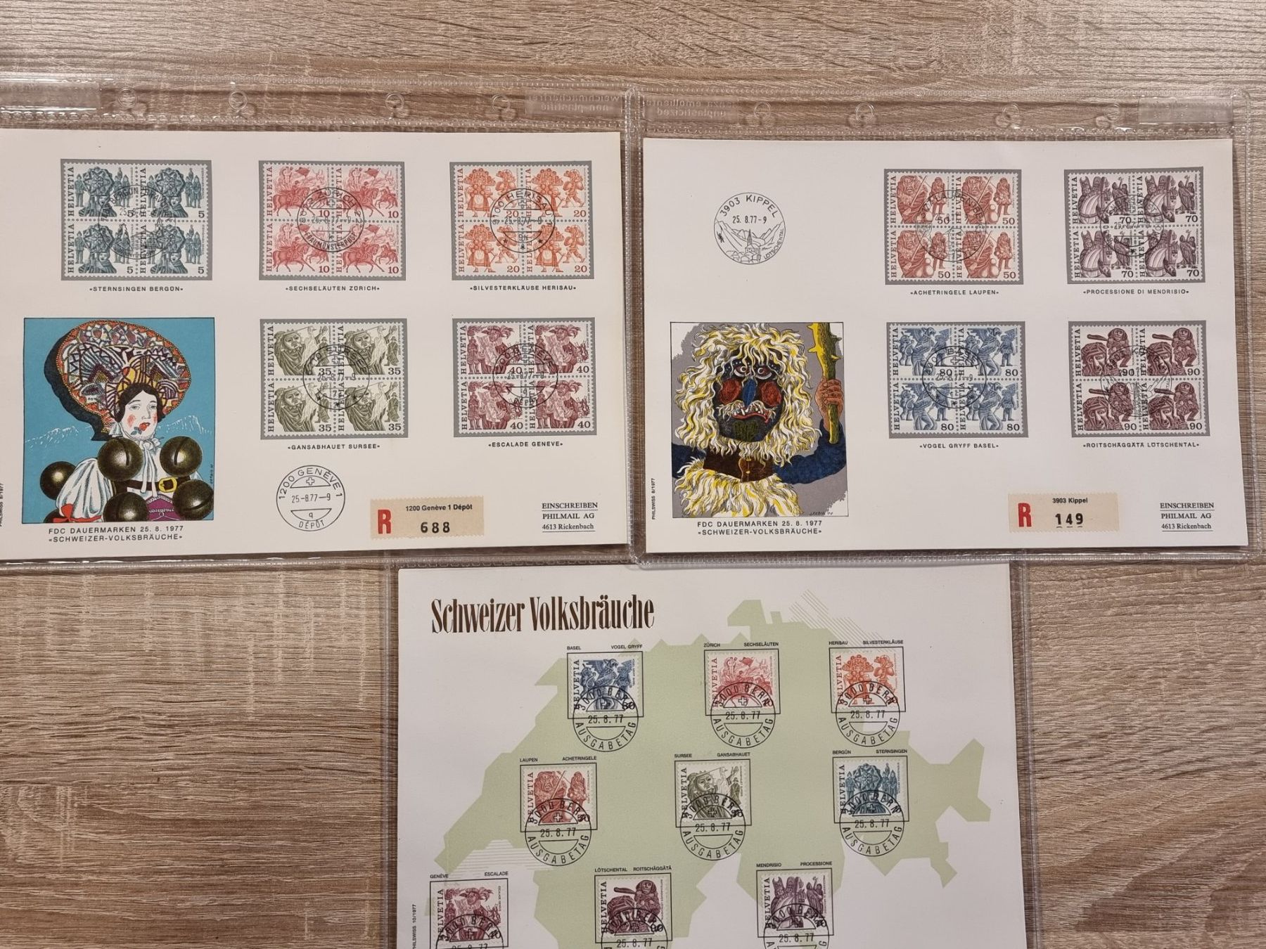 Tutti i francobolli: 3 Gross-FDC CH 1977 - Schweizer Volksbräuche - 2 Serien – Usato da Buchen venduto da Jonny58
