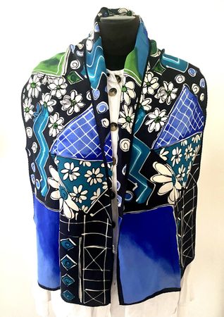 Seidenschal Patchwork Blumen Blau 27x145cm