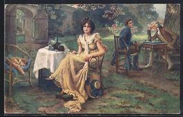 Männer spielen im Garten Schach, Dame m