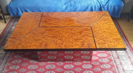 Table basse bar Paul Michel vintage – bois de loupe & miroir