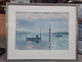 Aquarell, schönes Bild, Sicht auf See. Signiert.