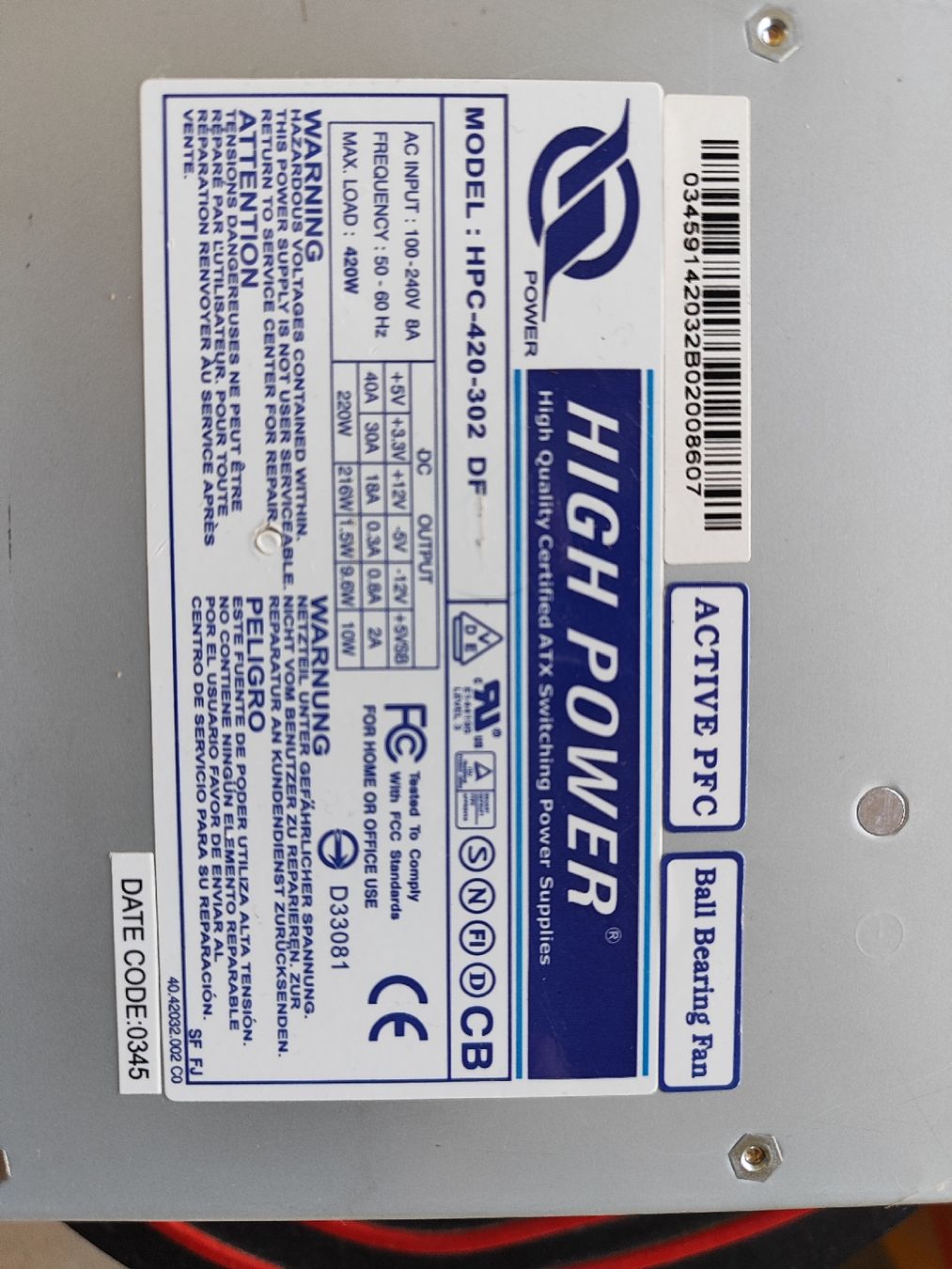 Elektronikbauteil: High Power HPC-420-302 DF PSU - 420W  – Defekt aus Mülligen von vagos85