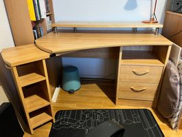 Bureau d'angle en bois clair avec tiroirs!