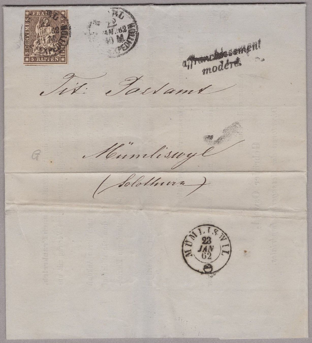 Buste & buste per spedizione: Basel Postgeschichte 1852 mit seltenem Stempel – Usato da Vilters venduto da Jere3943