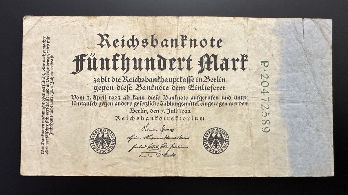 Banconote: Reichsbanknote 1923 Fünfhundert Mark  – Usato da Watt venduto da Coins13