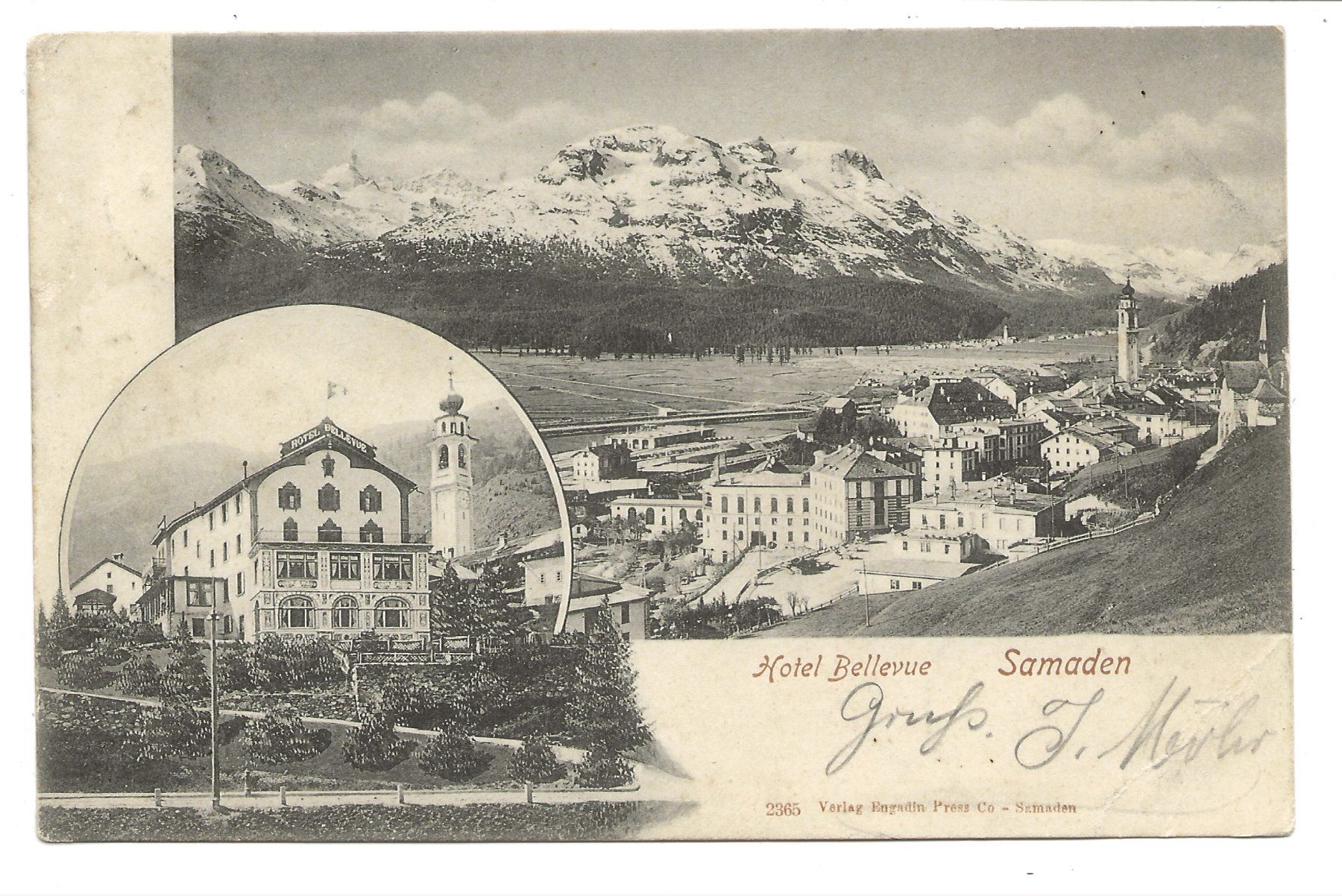 Cartoline postali: Samaden (GR) Engadin - Hotel Bellevue - 1904 – Usato da Engelburg venduto da Cartophil