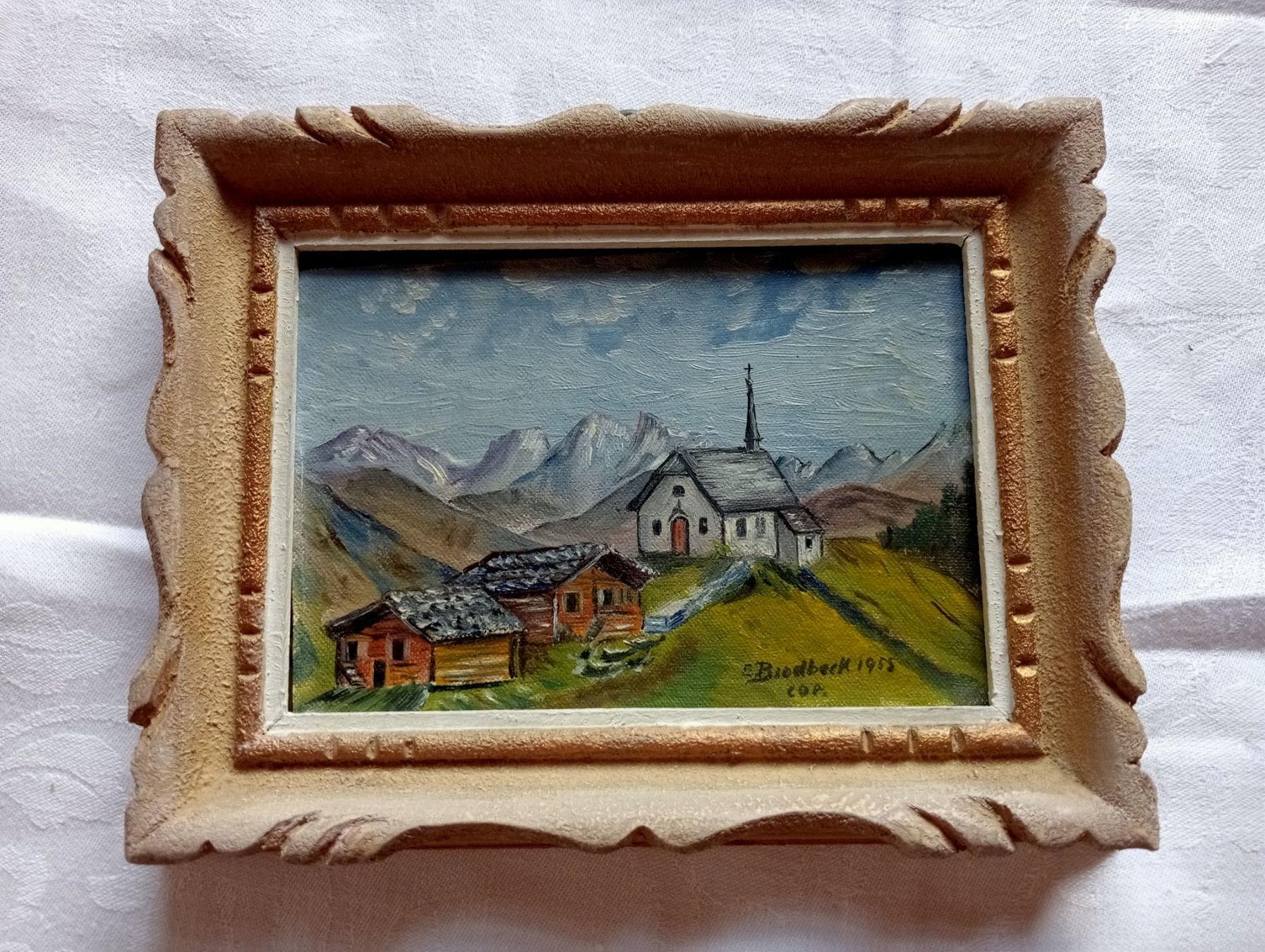 Dipinti: Öl Gemälde "Berglandschaft mit Kirche" E.Brodbeck Cop.1955 – Usato da Oberdorf BL venduto da Barocki888