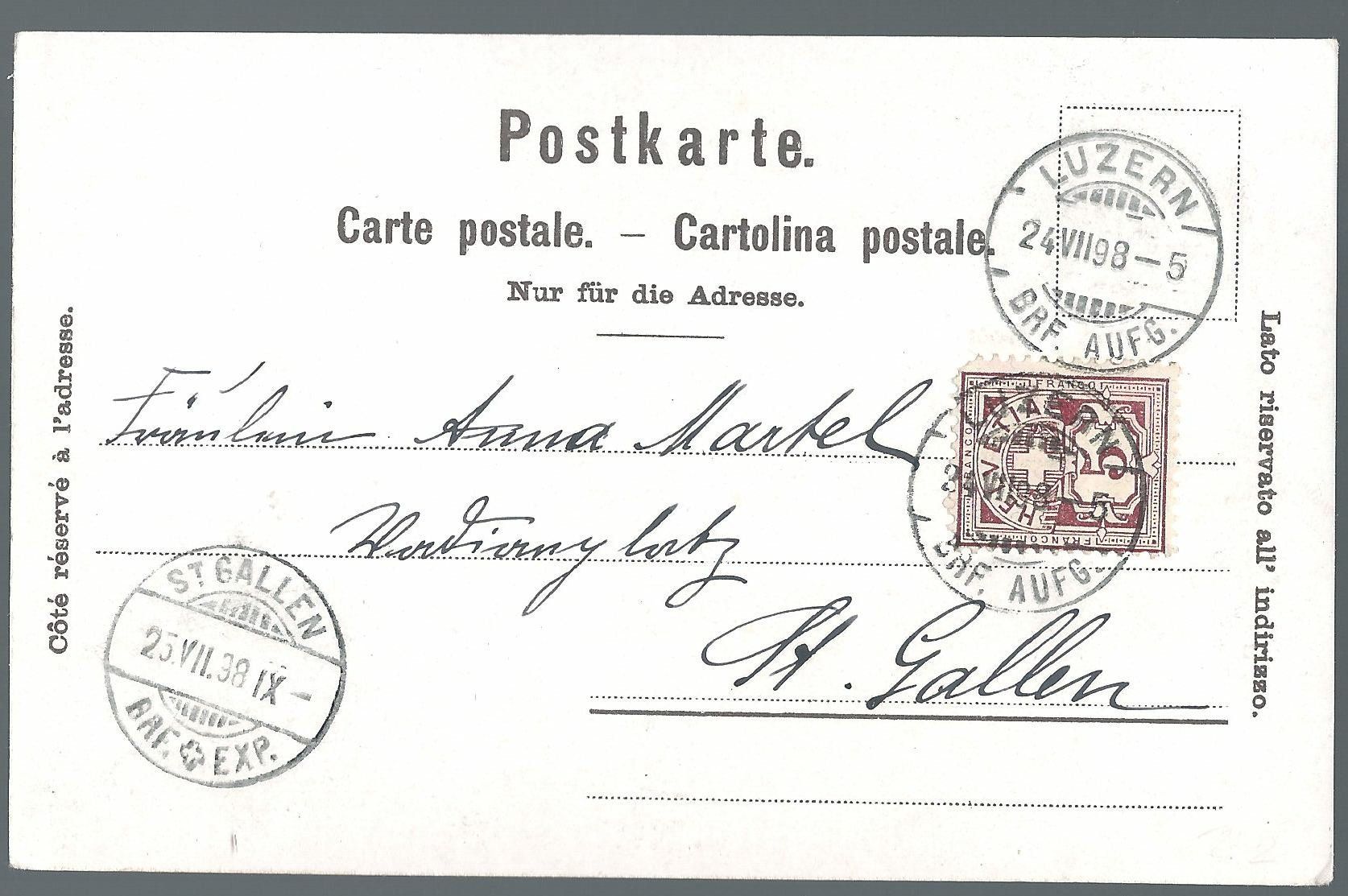 Cartoline postali: Luzern Lucerne 24.08.1898 – Usato da Montenol venduto da Vernier2 1