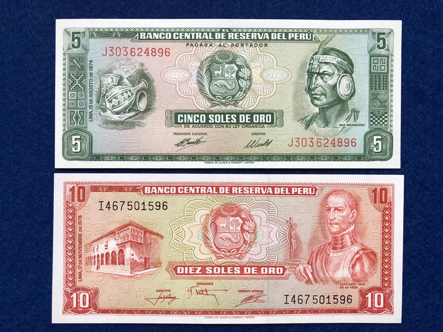 Banconote: Peru 1974/76 - 5 & 10 Soles de Oro UNC – Nuovo e nell'imballaggio originale da Pfäffikon SZ venduto da Sieben77 1