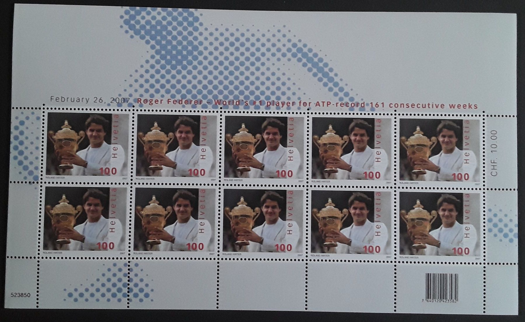 Tous les timbres: 2007: Roger Federer kleinbogen zu 10 Marken Nr.1229 ** – D'occasion à Walperswil par Tcheidi