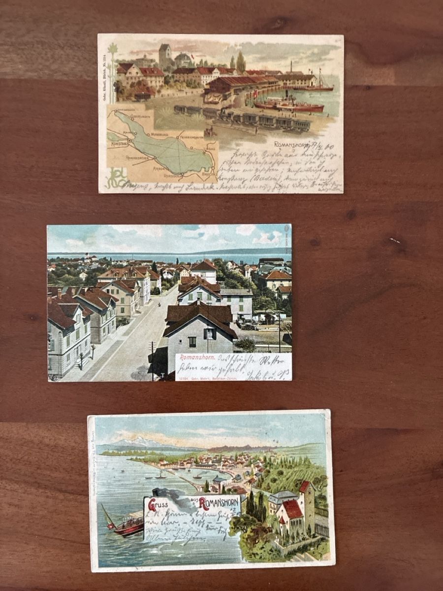 Cartoline postali: 3 Ansichtskarten Schweiz von Romanshorn TG – Usato da Oftringen venduto da Cla.vD.74