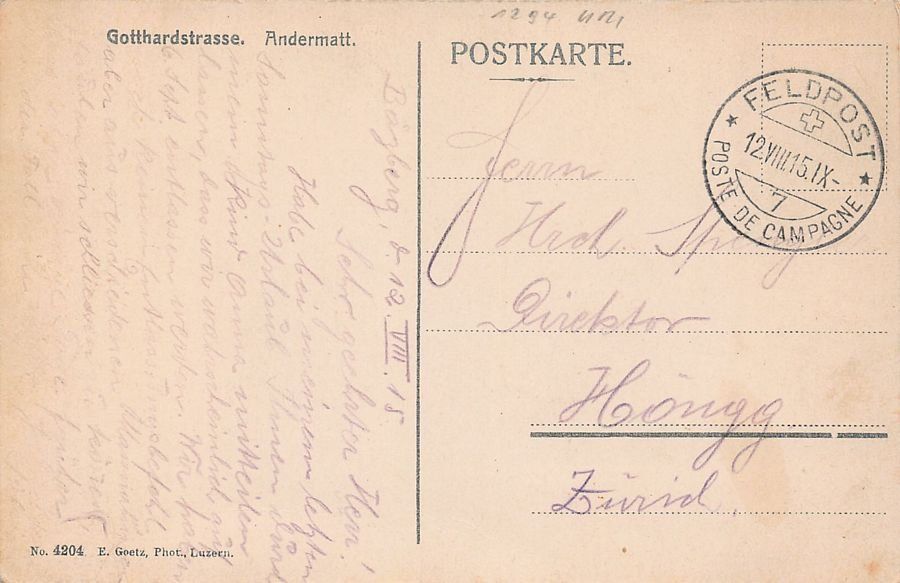 Cartoline postali: Andermatt, Gotthardstrasse, Feldpost 1915 – Usato da Frauenfeld venduto da POML 1