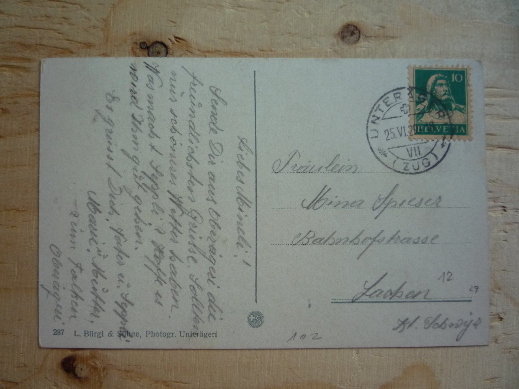 Cartoline postali: Oberägeri, 25.VI.29 – Usato da Rieden SG venduto da Brockehuesli 1