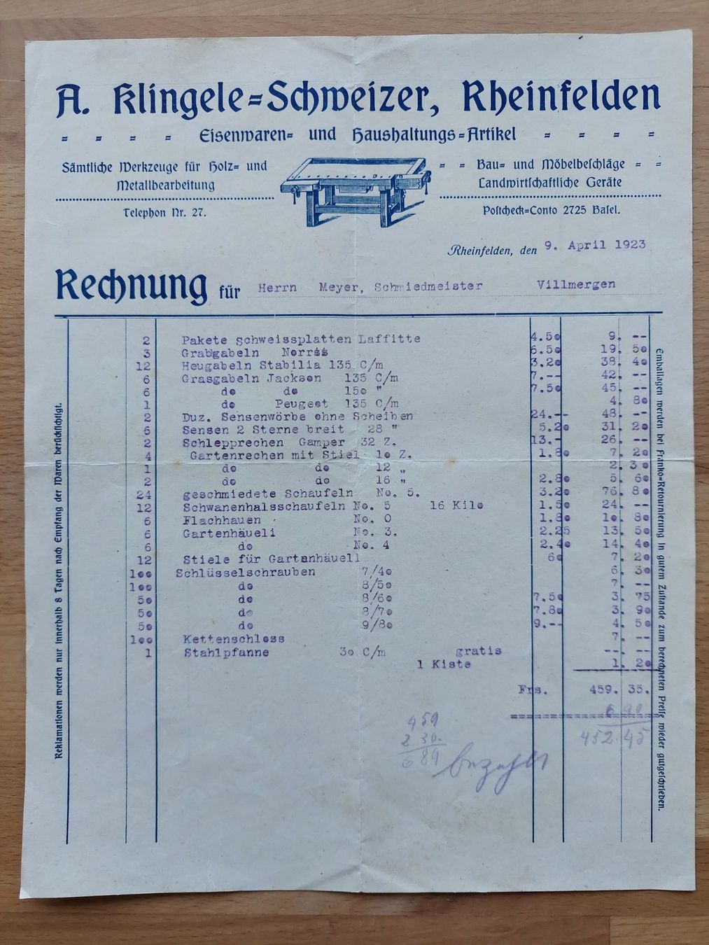 Documenti: Antike Rechnung Briefkopf A. Klingele-Schweizer Rheinfelden – Usato da Obfelden venduto da Foto_Bild_Kunst_Buch