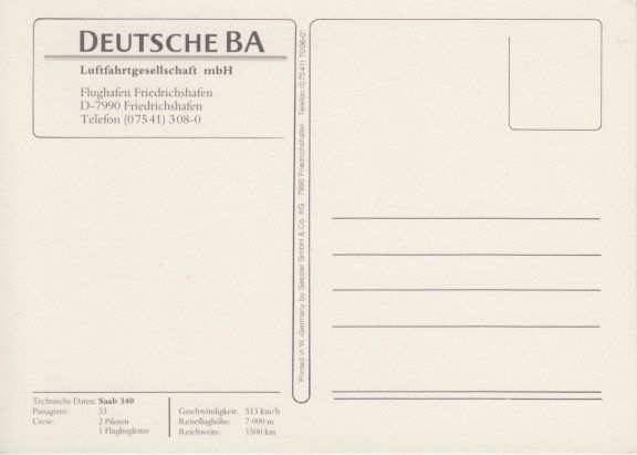 Cartoline postali: Saab 340, Deutsche BA – Usato da Zuerich venduto da OceanLinerPostcards 1