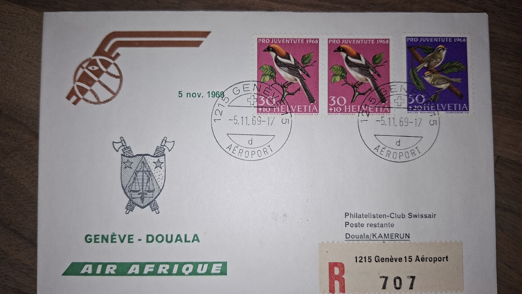 Tutti i francobolli: Air Afrique Geneve - Douala 05.11.1969 – Usato da Balgach venduto da SIMEON27
