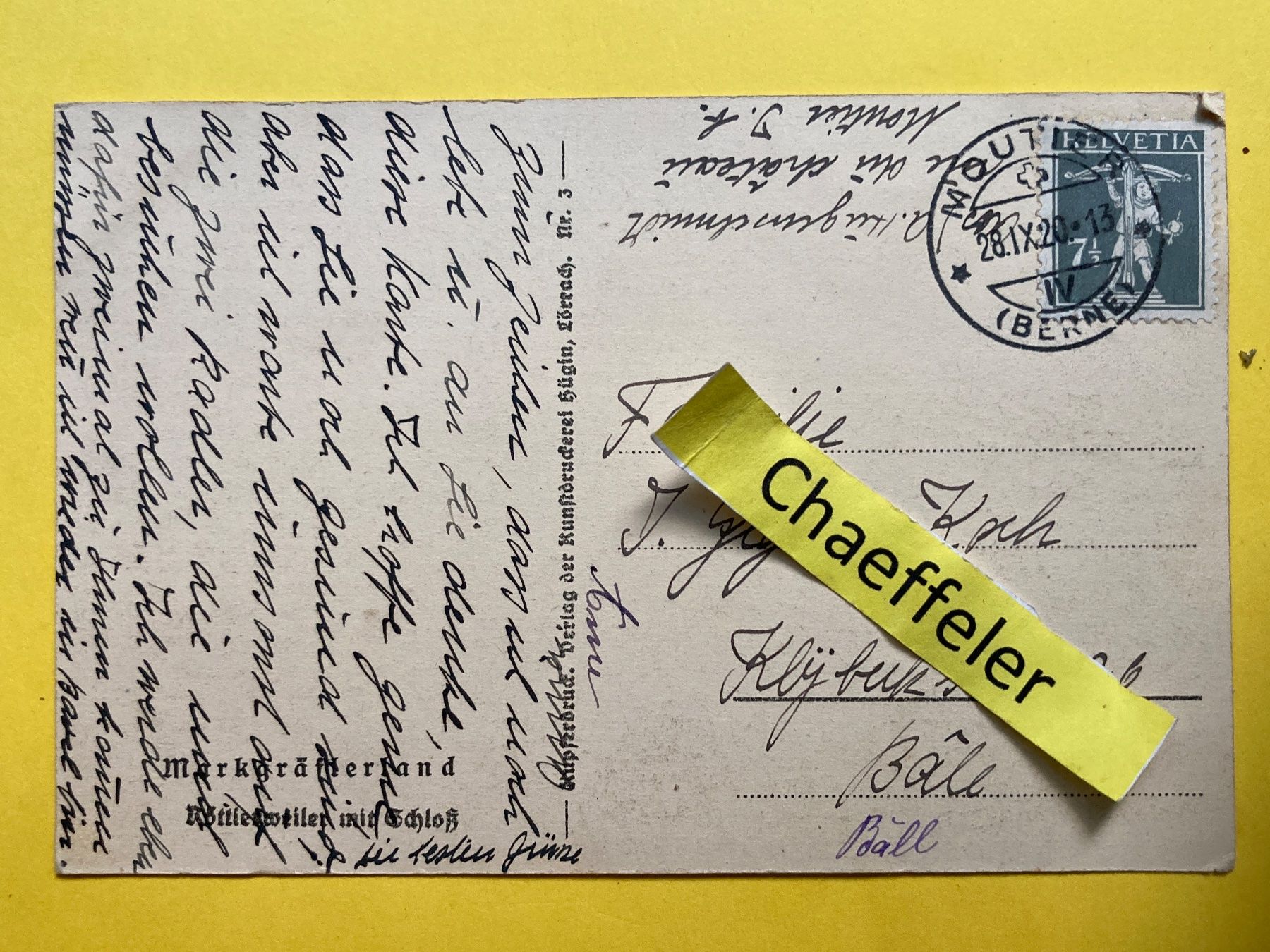 Cartoline postali: 1920 Markrästerland Rotiweiler mit Schloss – Usato da Zürich venduto da Chaeffeler 1