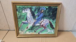 Ölgemälde: Reiter mit Hund, Vintage Stil 29x37
