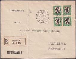 1925, J34 im Viererblock auf Ersttagsbrief von ST. GALLEN