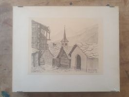 Bleistiftzeichnung Kirche im Dorf 13.8.1972 Zeneggen 30 x 24
