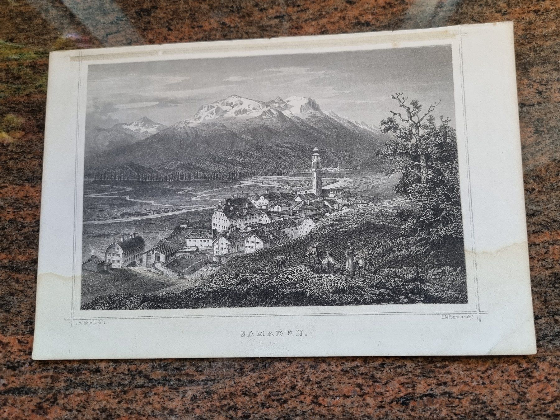 Incisioni: Antike Lithographie Ansicht Samaden, G.M. Kurz sculp. – Usato da Trachslau venduto da post35