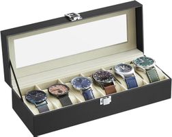 Uhrenbox 6 Fächer Glasdeckel Schmuckbox schwarz beige