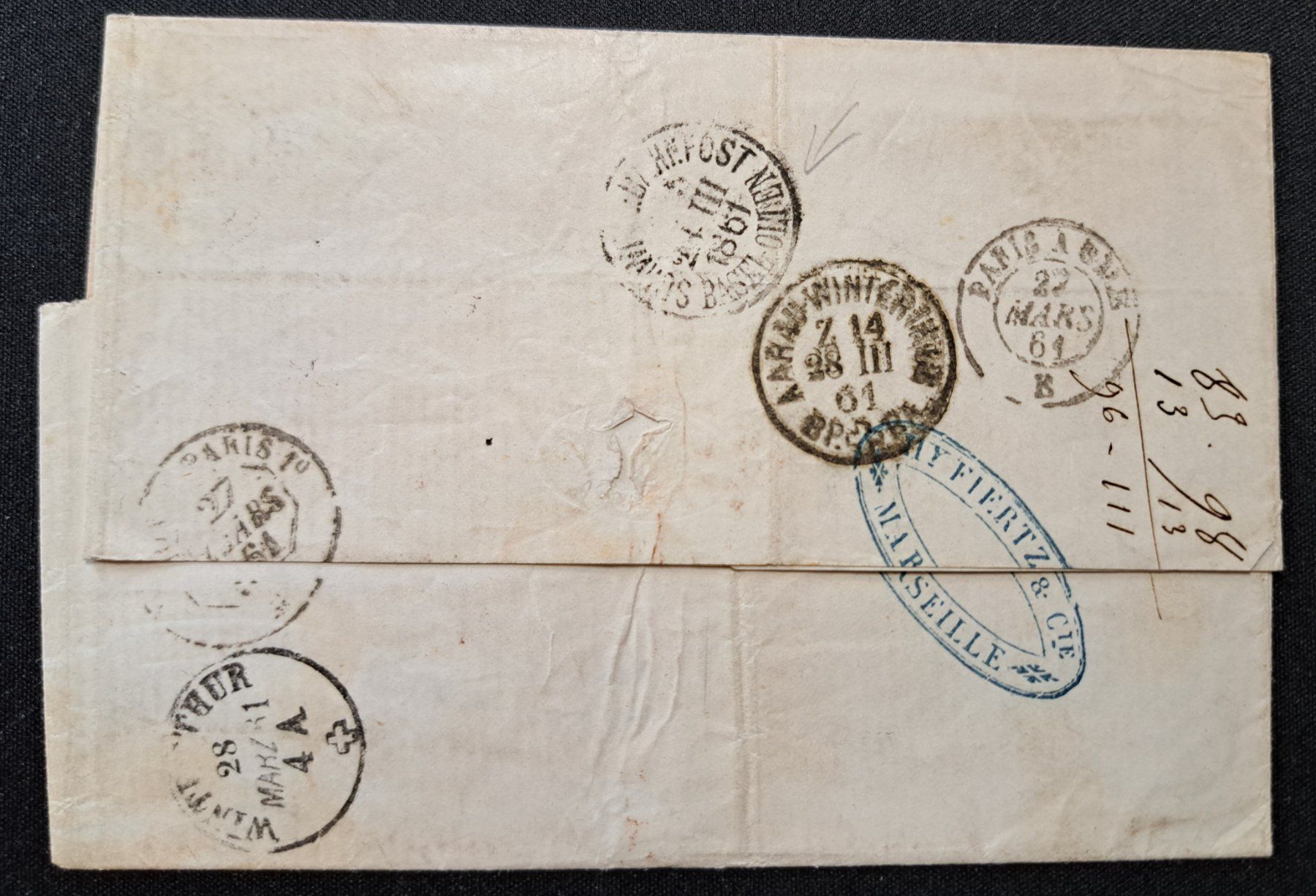 Tutti i francobolli: BOM Marseille - Winterthur 2x Bahnpost! 1861 – Usato da Unterägeri venduto da PhilatelieStudiger 1