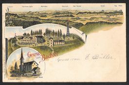 Hinwil Gruss vom Bachtel farbige Lithografie mit Kirche Wald