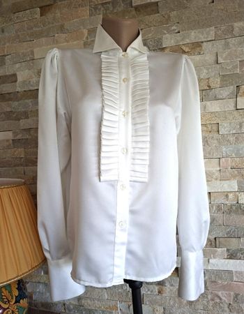 Chemisier JULIETTA Blanc Satiné – Plastron Plissé– Taille M