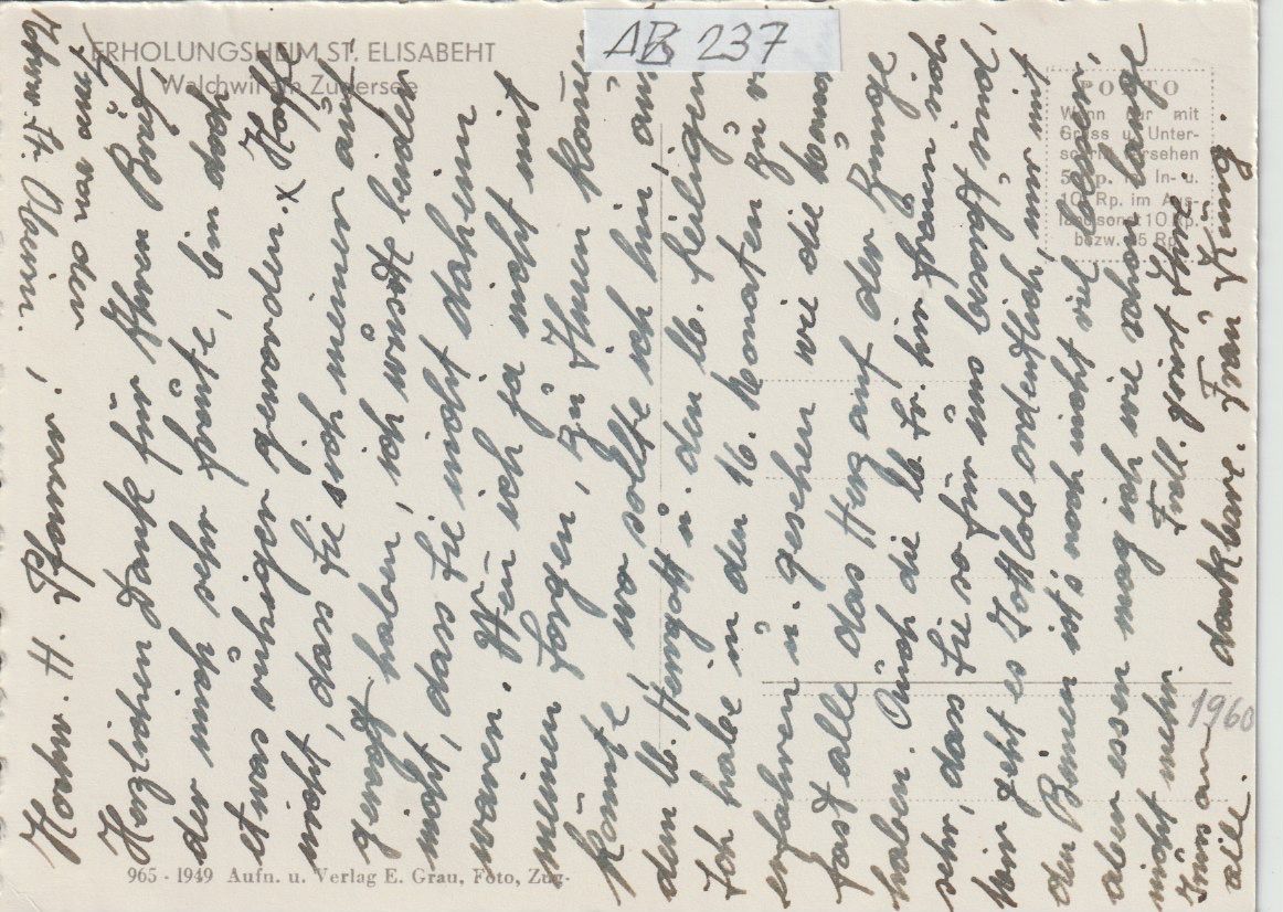 Cartoline postali: AB 237 Walchwil, Erholungsheim St. Elisabeth, 1960 – Usato da Freienbach venduto da Bhaltis 1