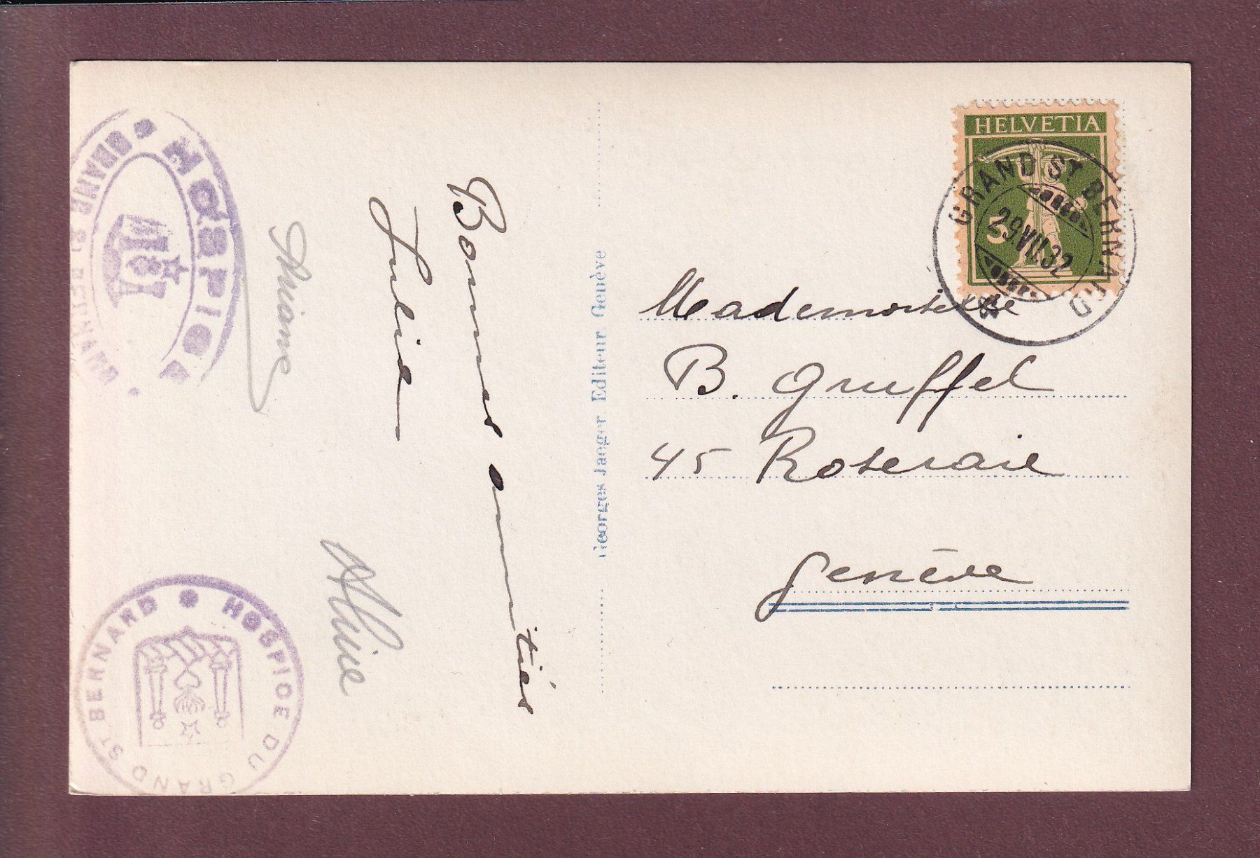 Cartoline postali: GRAND-SAINT-BERNARD - Hospice - 1932 – Usato da Pully venduto da nicecards 1