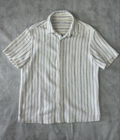 Chemise Zara Man Rayée Texturée Blanche Bleue Manches Courte
