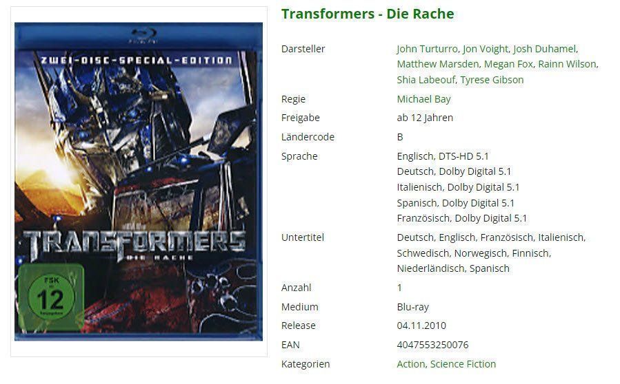 Tutti i DVDs: Transformers - Die Rache (Bluray) – Usato da Buchrain venduto da Sssschaller