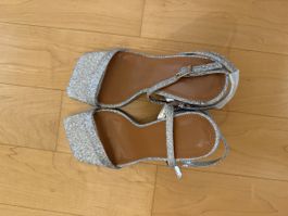 Damen Sandaletten Glitzer Silber Blockabsatz neu