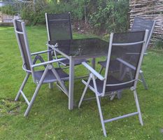 Gartentischgruppe, Tisch mit Glasplatte, 4 Stuehle