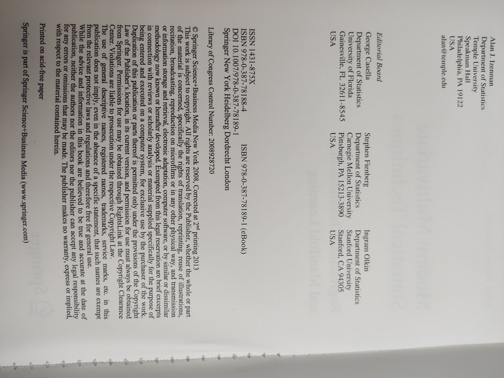 Libri: Modern Multivariate Statistical Techniques – Alan Izenman – Usato da Schaffhausen venduto da philscardstore 5