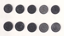 Schweiz Serie 5x1 Rappen Zink 1942, 1943, 1944, 1945 & 1946