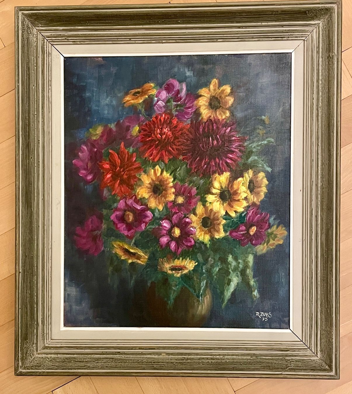 Dipinti: R. Baas, 1975, Strauss mit Sonnenblumen – Usato da Schlieren venduto da Calvinandhobbes